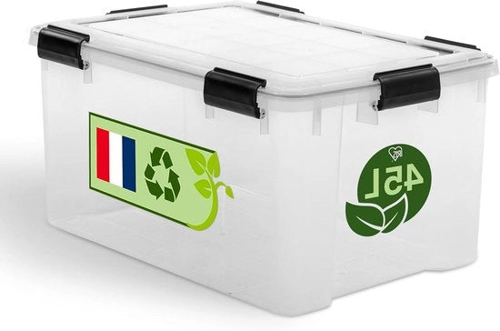 Contenitore di Stoccaggio in Plastica Aria-Tight con Coperchio 45L Translucido - Chiusura Erettica Idrorepellente - Chiusura Robusta a Click - Stivabile - Protezione Antipolvere - Senza BPA