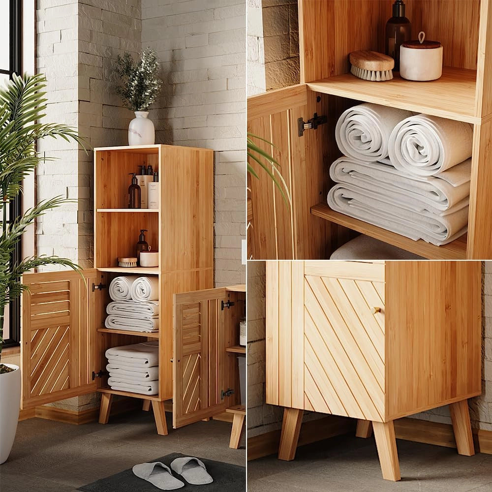 Mobiletto midi Lucie, Bambù, 40 x 124 cm, adatto per la conservazione salvaspazio di accessori da bagno