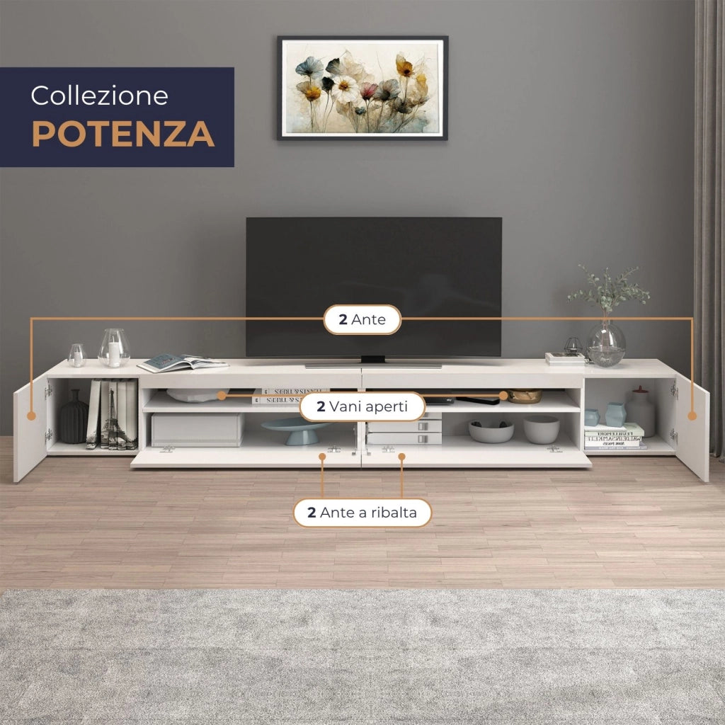 WHOUS Mobile porta tv Potenza con 4 ante e 2 vani aperti bianco lucido 260x40x36 cm