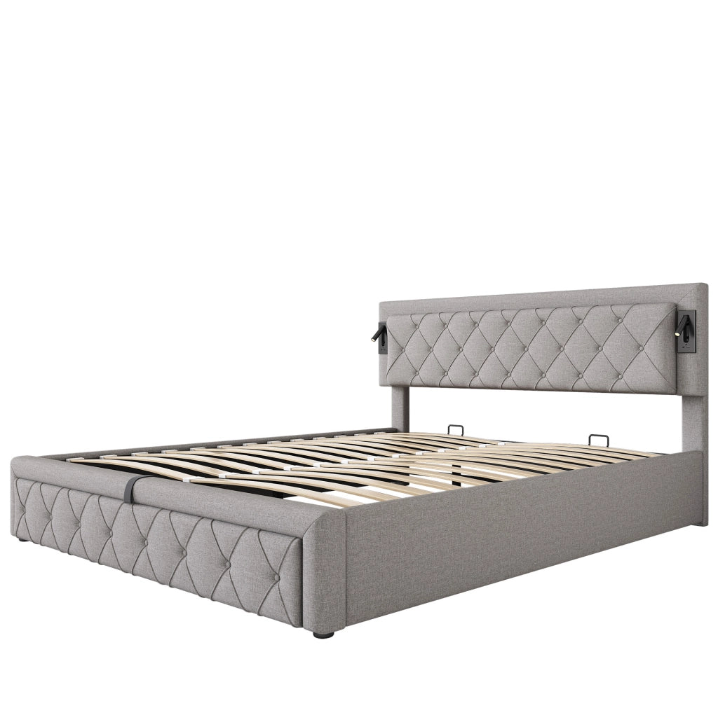 Letto matrimoniale imbottito 180x200 cm con luci da lettura e porte USB; contenitore; grigio in lino