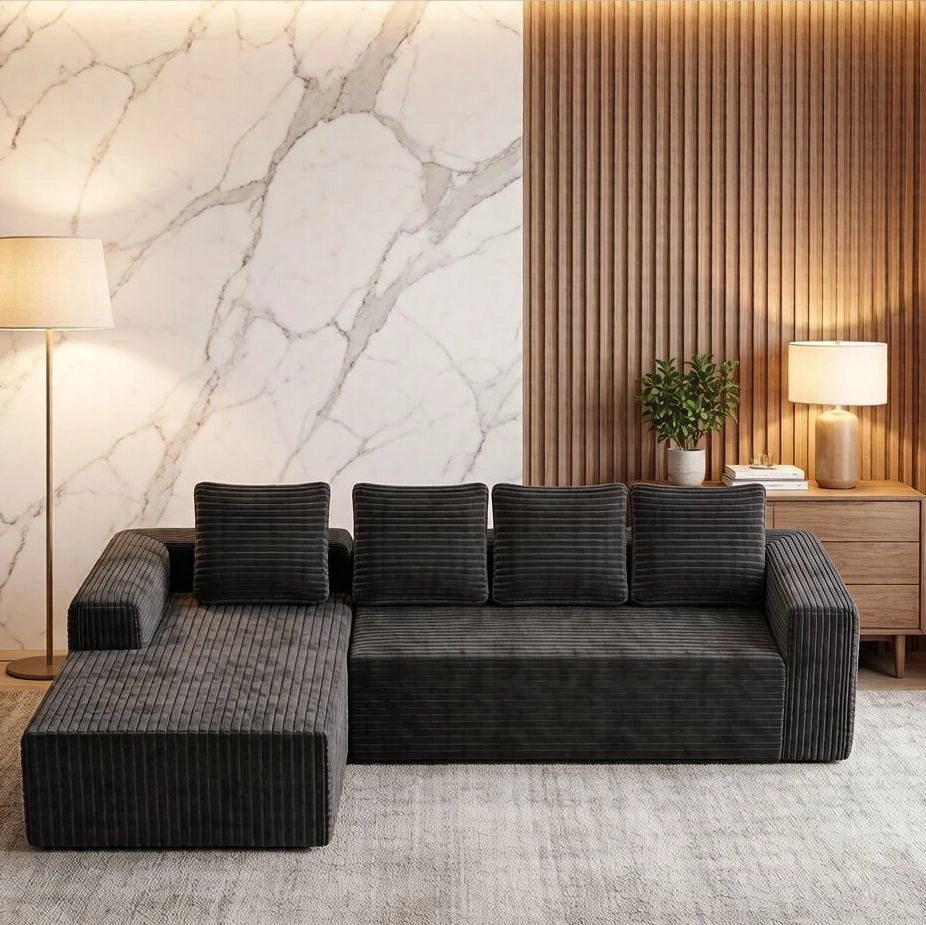 Divano modulare a L con chaise longue reversibile; 2 moduli; velluto a coste grigio