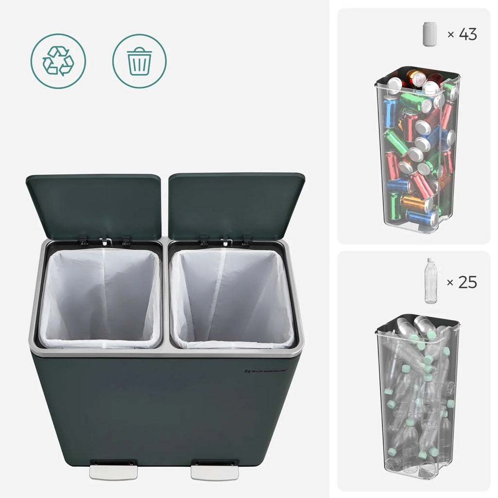 Pattumiera a 2 pedali con doppio scomparto 2 x 30 litri acciaio inox anti-impronta secchio interno in plastica con manico verde 12_0007157