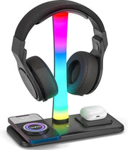Standarizzazione per cuffie gaming RGB con caricatore wireless - 3-in-1 supporto per cuffie con 9 modi di illuminazione - funzione di memoria - compatibile con tutte le cuffie.