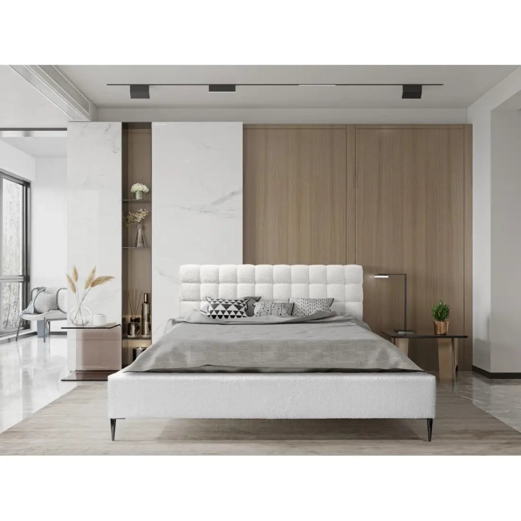 Letto MILLIO – Avorio – 140x200 cm – Tessuto bouclé chenille – Rete inclusa – Comfort hotel 5 stelle