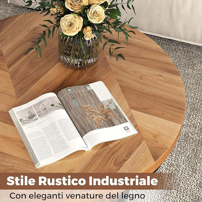 Tavolino da Caffè Rotondo a 2 Ripiani, Tavolo da Salotto in Legno con Struttura in Metallo, Tavolino Soggiorno Industriale con Piedini Regolabili, 80 x 80 x 45 cm (Moderno)