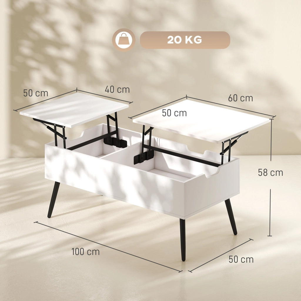 Tavolino da Caffè 100x50x43,6 cm Sollevabile con Piano Doppio e Scomparto Nascosto Bianco