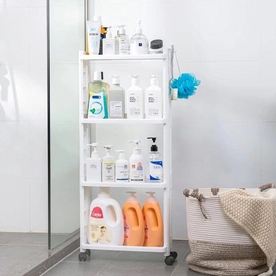 Carrello da cucina, 4 livelli, carrello con ganci, carrello per bagno, carrello per cucina, stabile, spazievendente, compatto, 40 x 13,8 x 93 cm