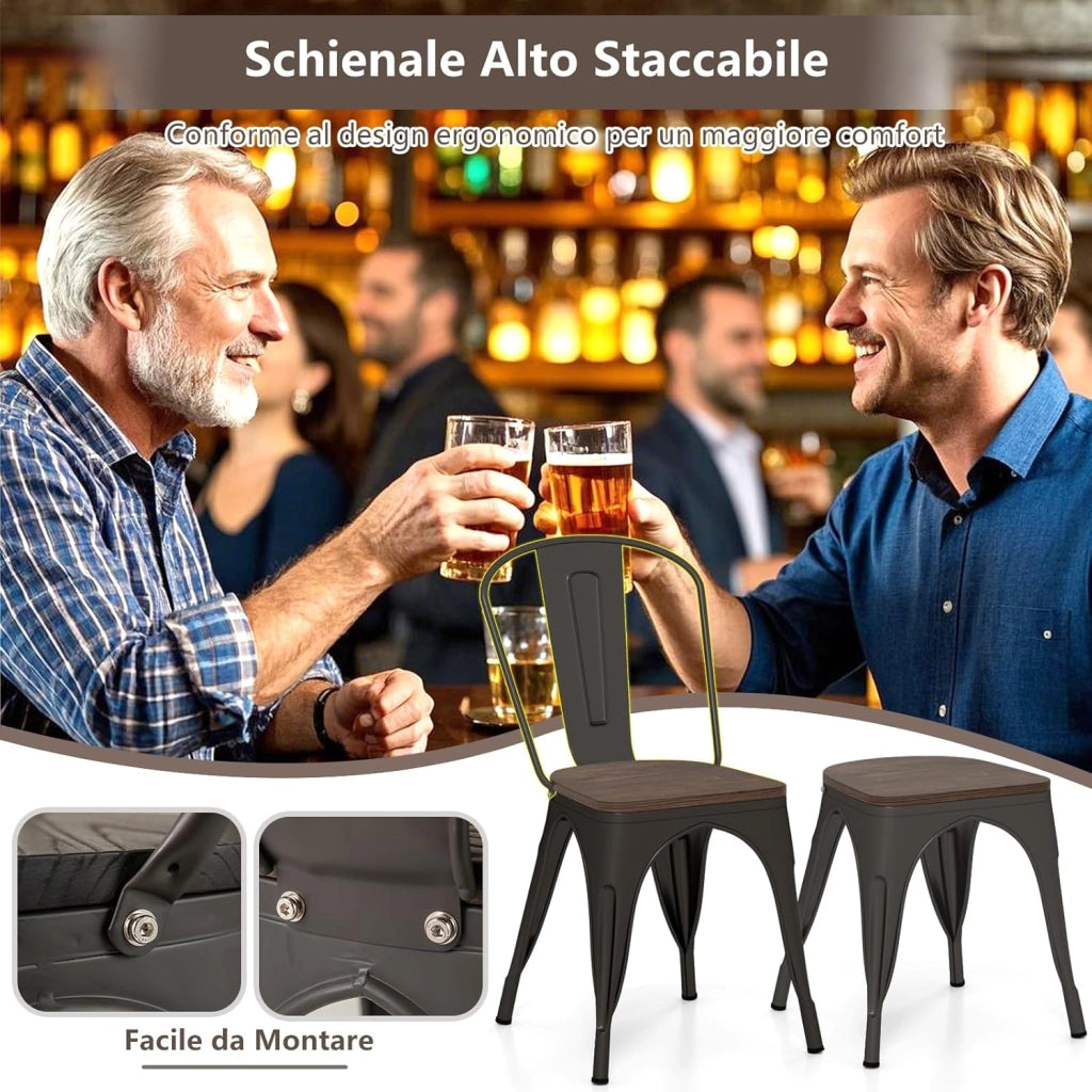 Set di 4 Sedie da Pranzo Impilabili 53 x 44,5 x84 cm, Sedie da Bar con Schienale Alto, Struttura in Legno e Acciaio, Ideale per Balcone, Cortile e Ristorante (Bronzo)