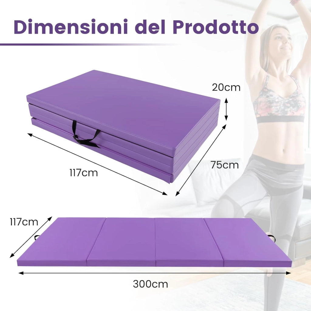 Tappetino Palestra Pieghevole a 4 Pannelli, Tappetino Ginnastica 300 x 117 x 5 CM con Maniglie e Chiusure a Strappo, per Ginnastica, Yoga e Stretching
