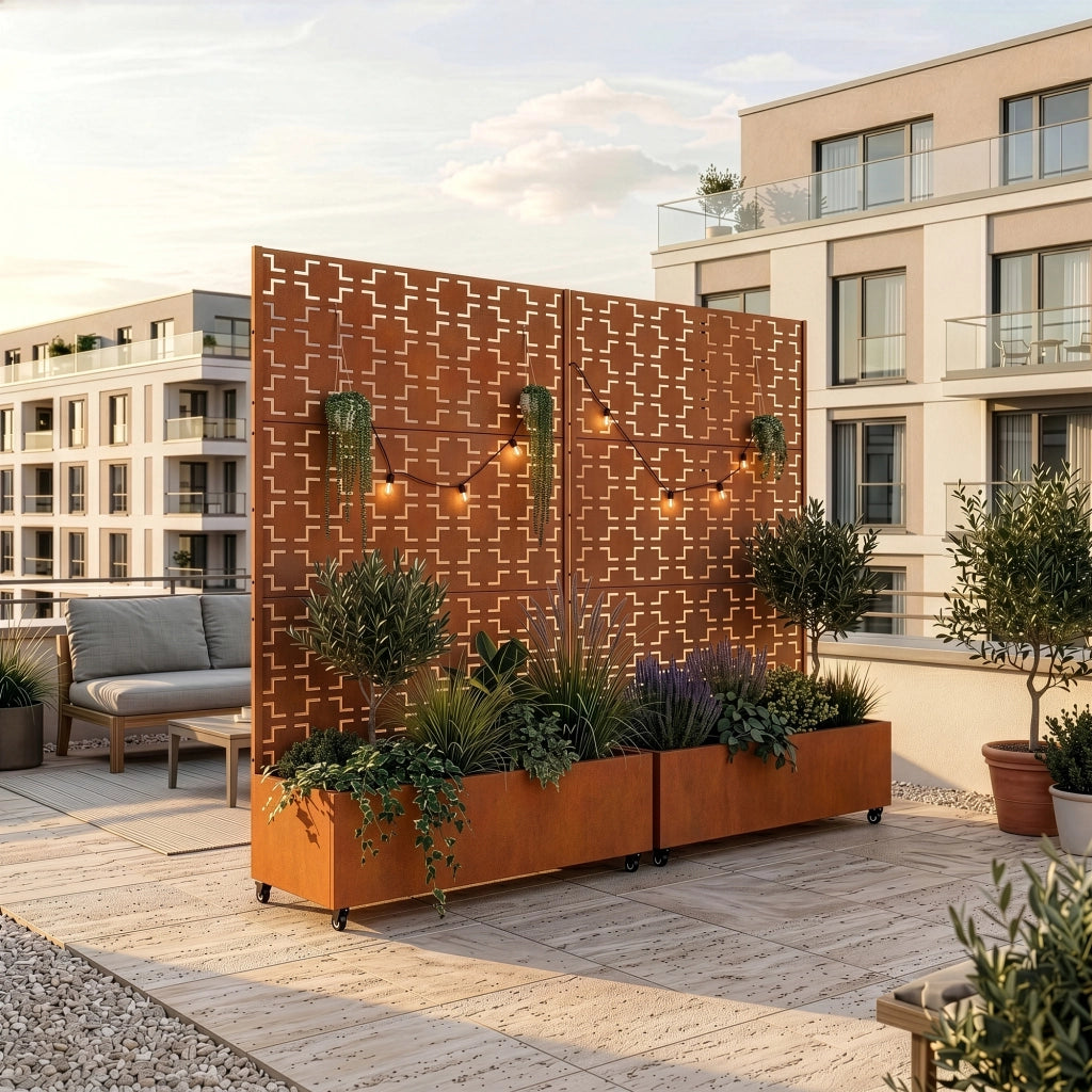 Fioriera con Spalliera Aaskis a Rotelle in Acciaio Corten 190 x 120 x 38 cm - Marrone Ossidato casa.pro