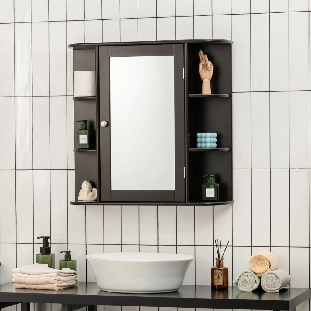 Armadietto del bagno con specchio e mensole regolabili al muro-Armadietto di legno per bagno e salone Marrone