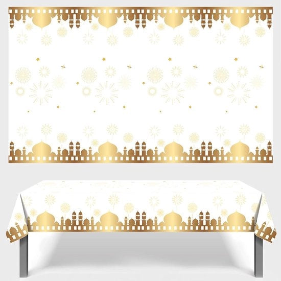 Tappeti da tavolo per la festa di Eid Mubarak - Set di 2 - Bianco - 130 x 220 cm - Rettilineo - Plastica - Decorazioni Luna e Stelle - Festa islamica - Grande assortimento