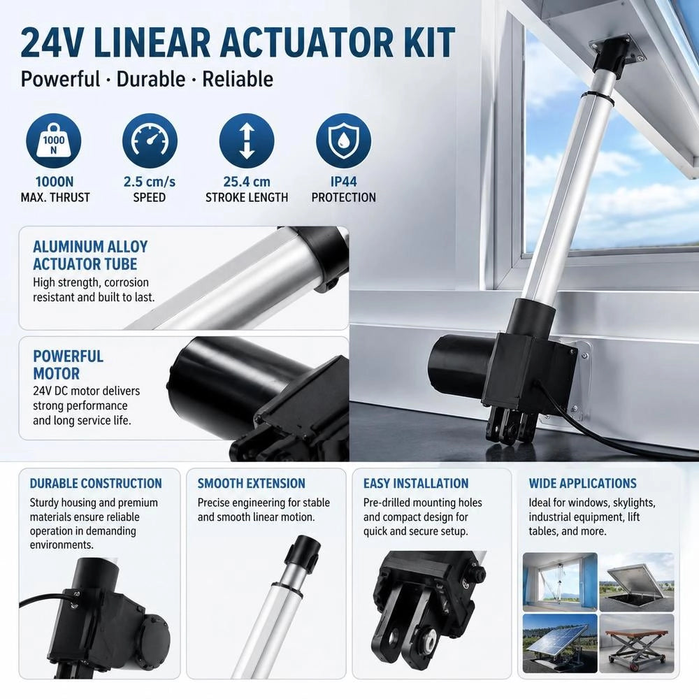 24V Linear Actuator Kit 25.4cm 2.5 Cm/s 99.79kg/1000N With IP44 Protection