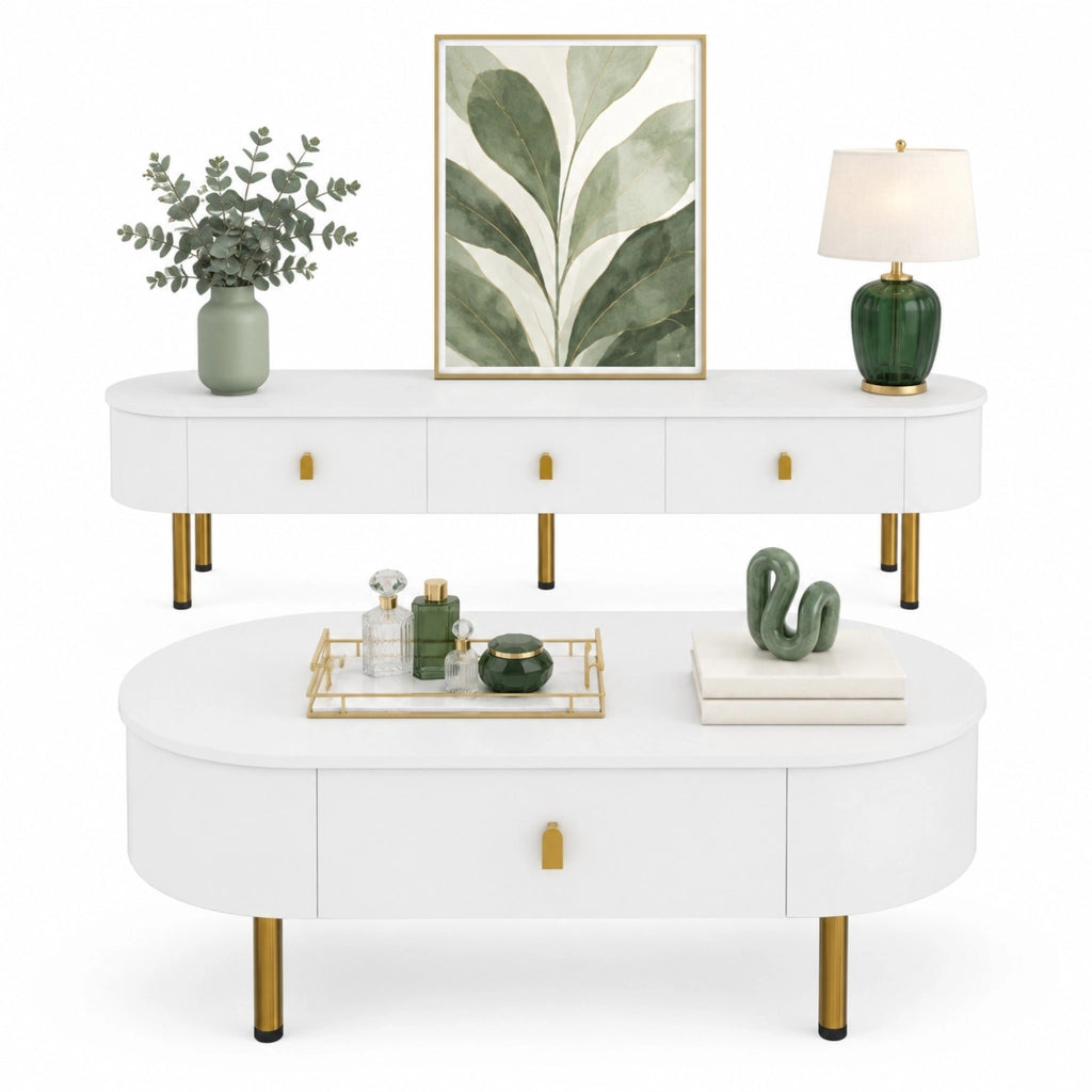 Set tavolino e mobile TV 174 cm bianco MDF, cassetti e bordi arrotondati