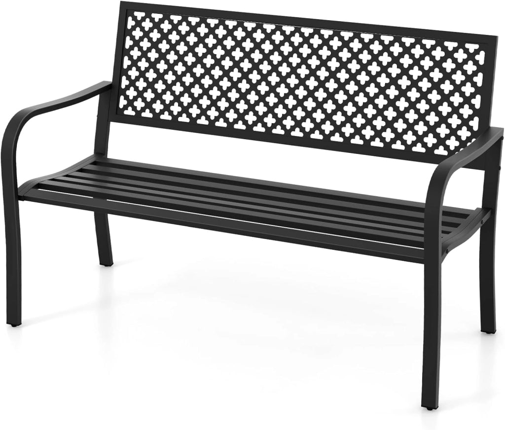 Panchina da Esterno, Panca da Giardin in Metallo con Schienale Traforato, Sedile a Doghe e Braccioli, Panchina Moderna per Cortile, Terrazzo e Giardino, Portata 300 kg (Nero)