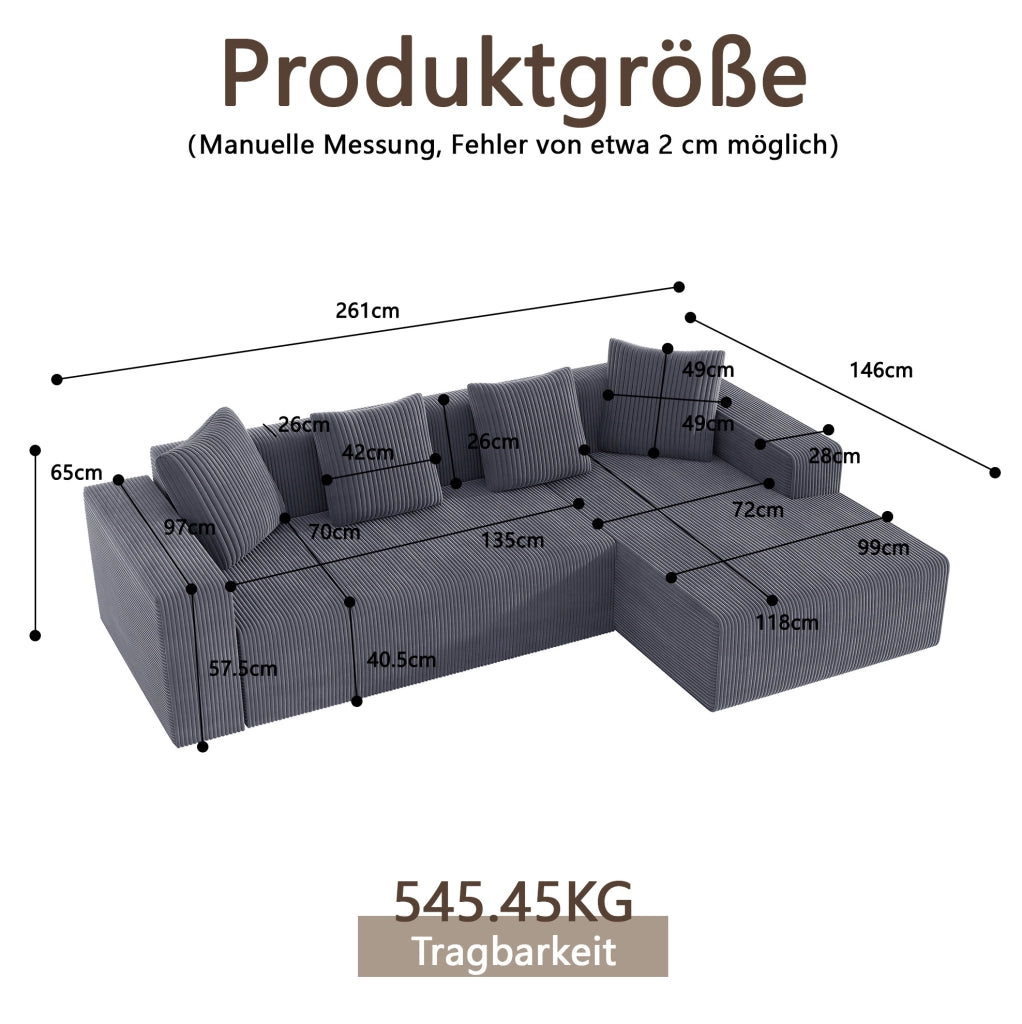 Divano modulare 3 posti con chaise longue in velluto a coste grigio; 261x146x65 cm