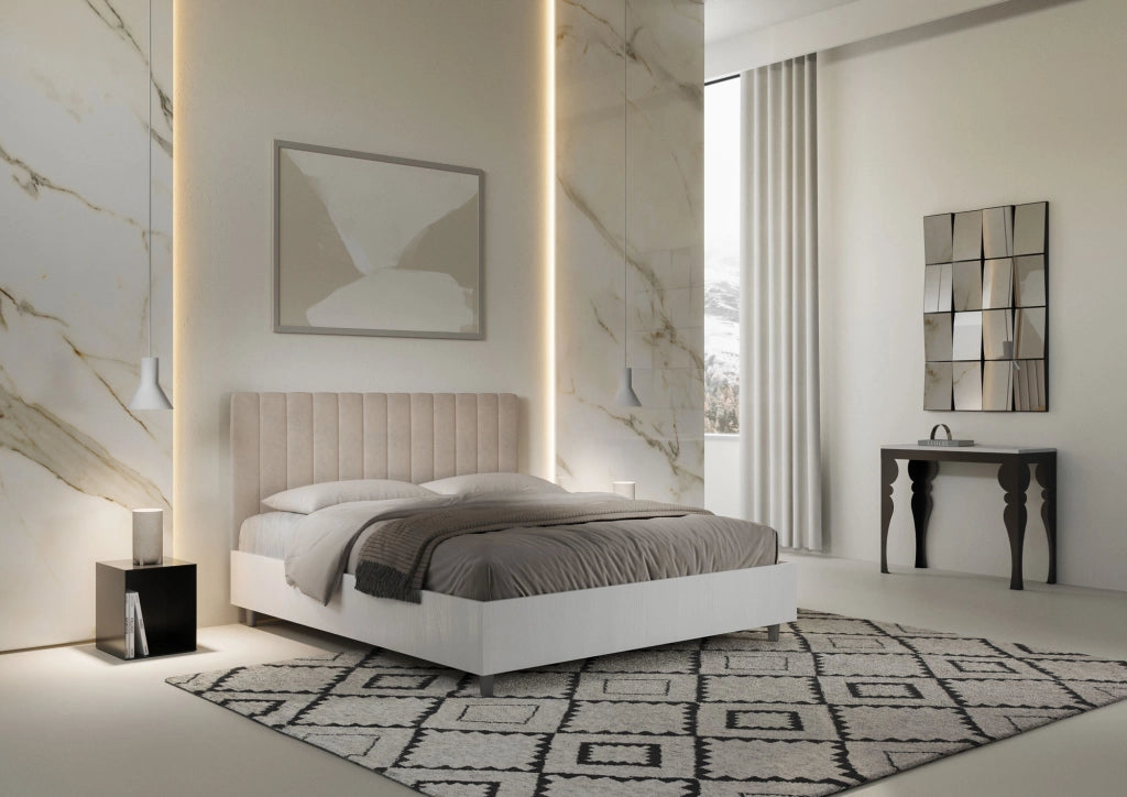 Letto Matrimoniale 160x200 cm con Rete e Contenitore Alzata Comoda Struttura Bianco Frassico e Testata in Microfibra