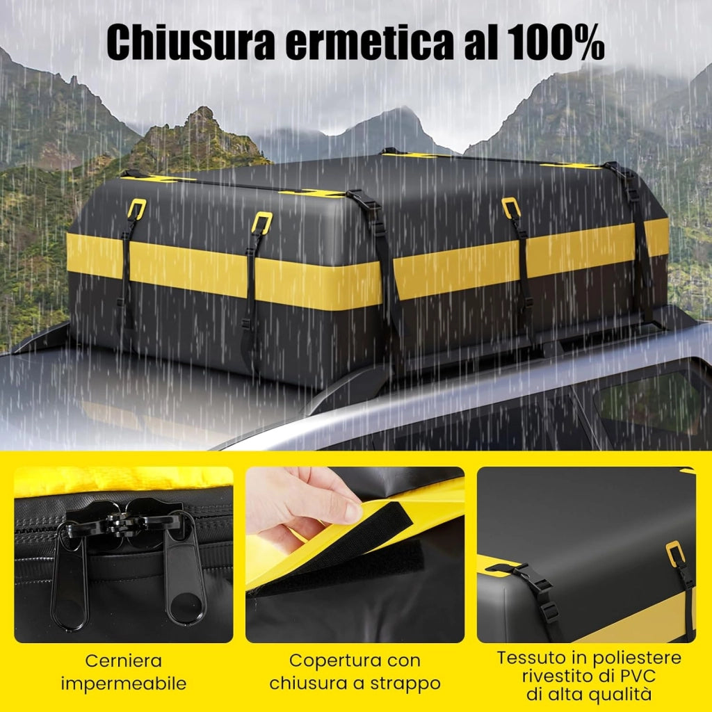 Borsa da Tetto per Auto Impermeabile 21Cu.Ft/595L, Box Tetto Universale con Tappetino Antiscivolo+ 10 Cinghie+ 6 Ganci, Sacca per Auto con/senza Barre Portapacchi(Giallo)