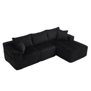 Divano modulare con chaise longue e 2 posti; 5 cuscini; tasche laterali; portabicchieri; in velluto a coste nero 257 Ã— 90-160 Ã— 62 cm