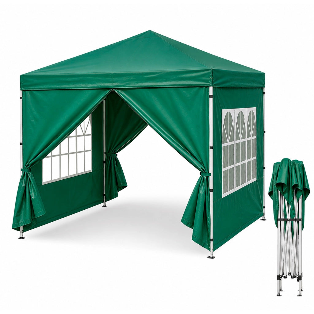 Gazebo Pieghevole Da Giardino Con Pareti Laterali E Finestre Trasparenti Sistema Pop Up Copertura Impermeabile UV50+ Telaio In Acciaio Per Eventi Outdoor 3 x 3 x 2.59 M Verde
