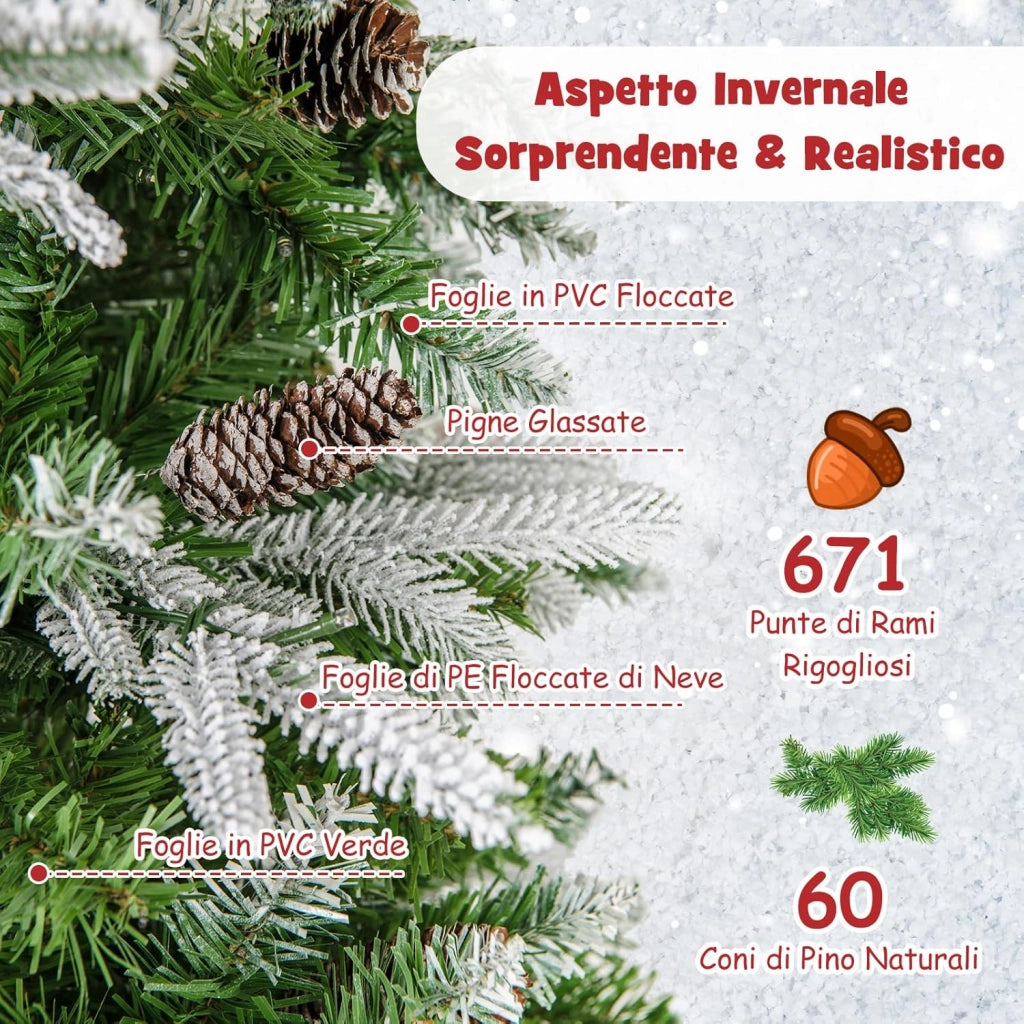 Albero di Natale Slim Pre-Luminoso 190/225 CM, Albero di Natale Artificiale Innevato con 280/350 Luci LED Bianche Calde, Rami Articolati e 671/913 Punte e 60/75 Pigne (190 CM)