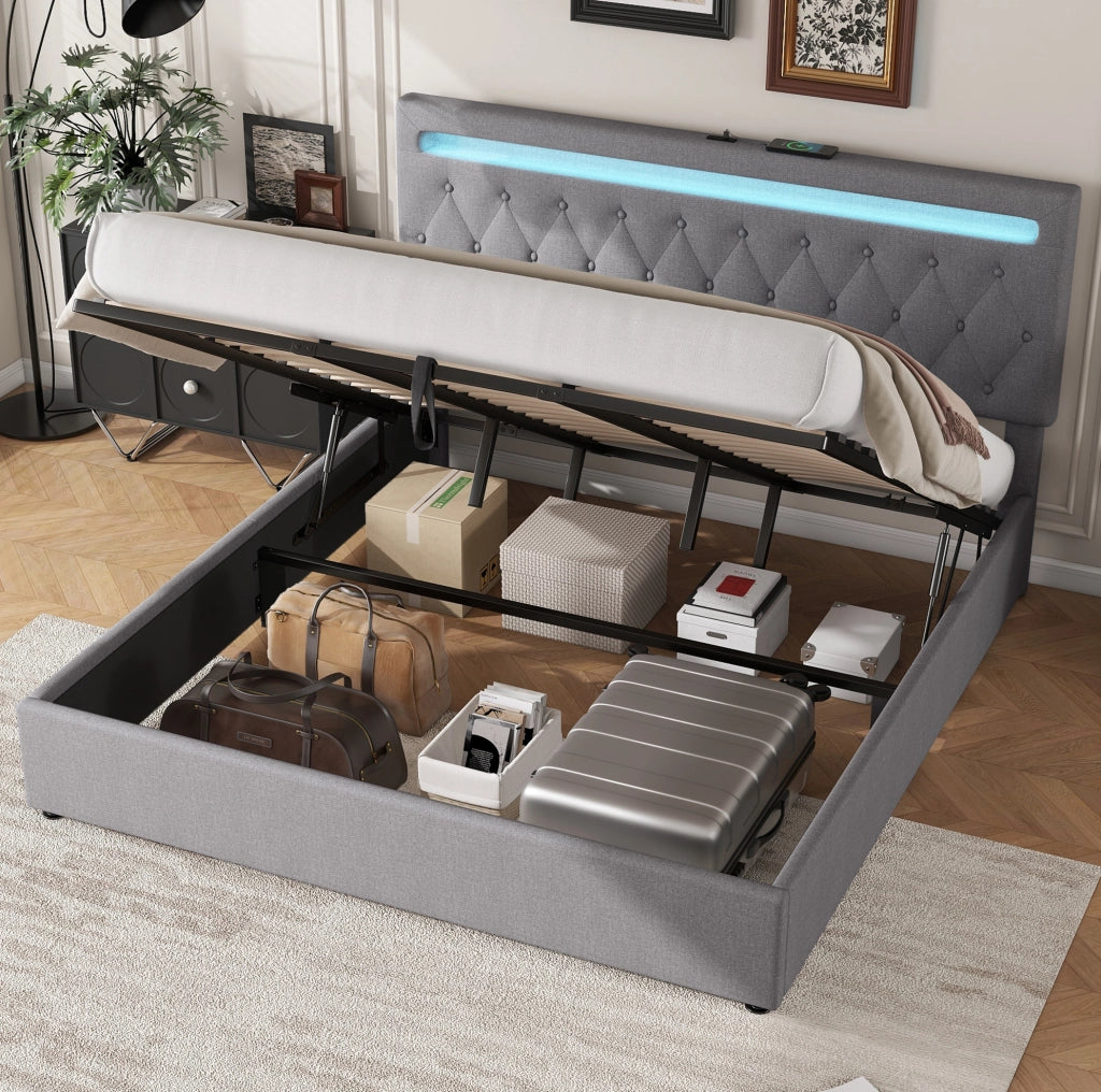 Letto imbottito 180x200 cm con sollevamento idraulico; lino; grigio