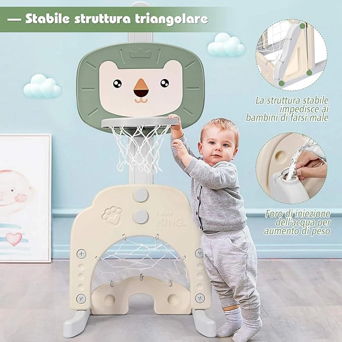 Basket per Bambini Centro attività Multifunzione - Palla Canestro, Calcio e Golf, Mazza da Golf e Palle incluese, per Bambini, Altezza Regolabile (Leone Verde)