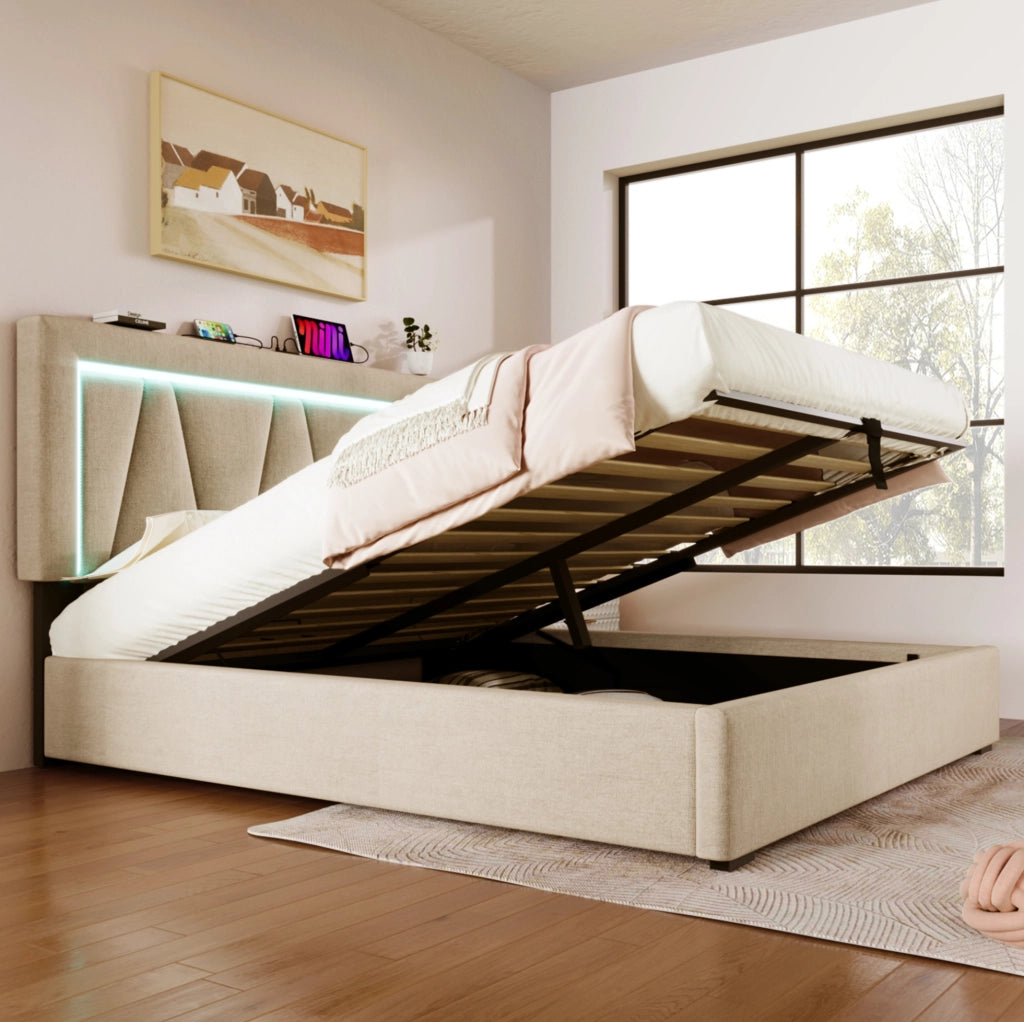 Letto matrimoniale contenitore 140x200 cm beige con LED, USB-C e materasso