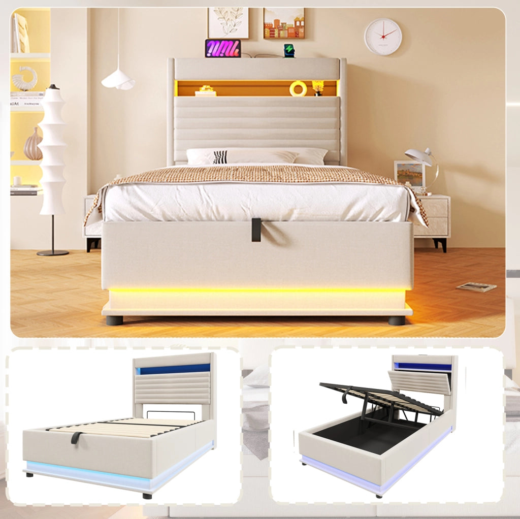 LETTO Contenitore 90x200 cm in lino beige con LED e USB Type-C