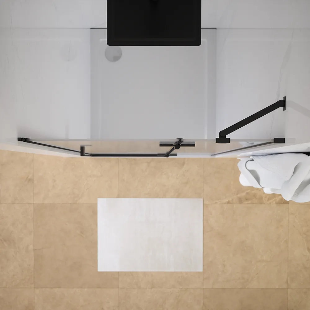Porta doccia 110cm apertura a battente lato destro con cerniere, profili nero opaco e vetro da 8mm trasparente h195 | Fiji