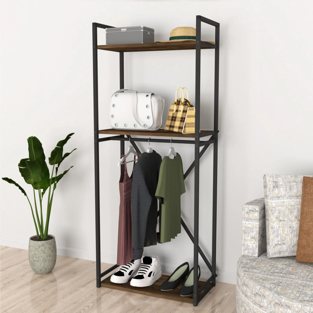 Stand Appendiabiti 'Ulstein' Organizzatore Guardaroba con Barra Variabile e 3 Ripiani - Effetto Rovere Antico [en.casa]