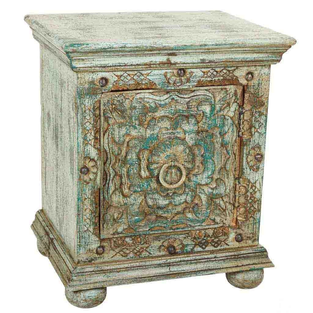 Comodino in legno intagliato verde 50x40x59