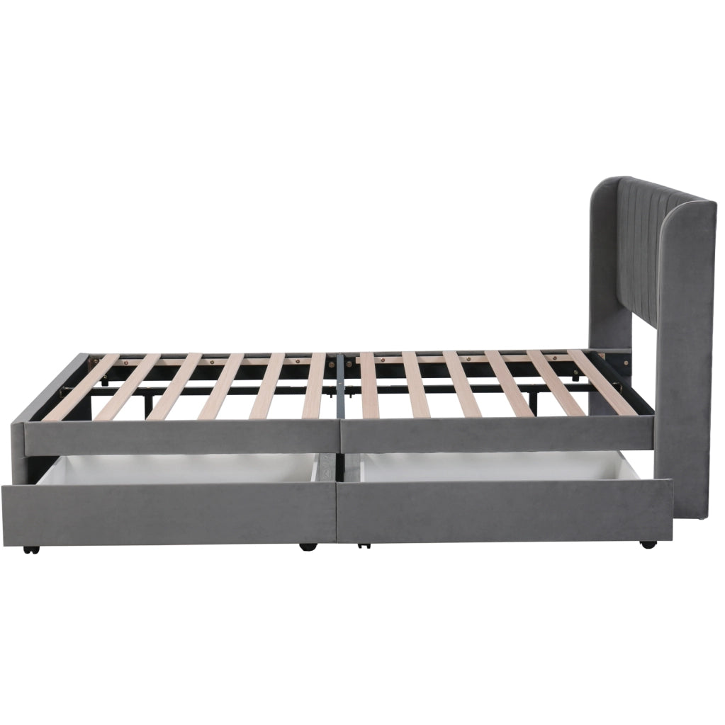 Letto matrimoniale in velluto grigio 140x200 cm con 2 cassetti e rete a doghe