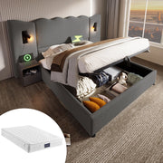 LETTO Contenitore 160x200 cm Grigio in lino con lampada da lettura e ricarica USB Type-C
