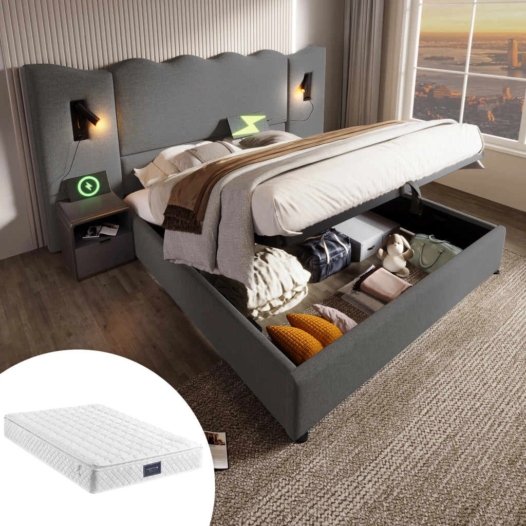 LETTO Contenitore 160x200 cm Grigio in lino con lampada da lettura e ricarica USB Type-C
