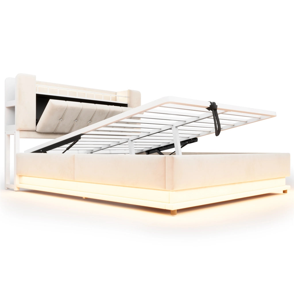Letto imbottito 160x200 con contenitore idraulico; LED e porte USB; velluto beige
