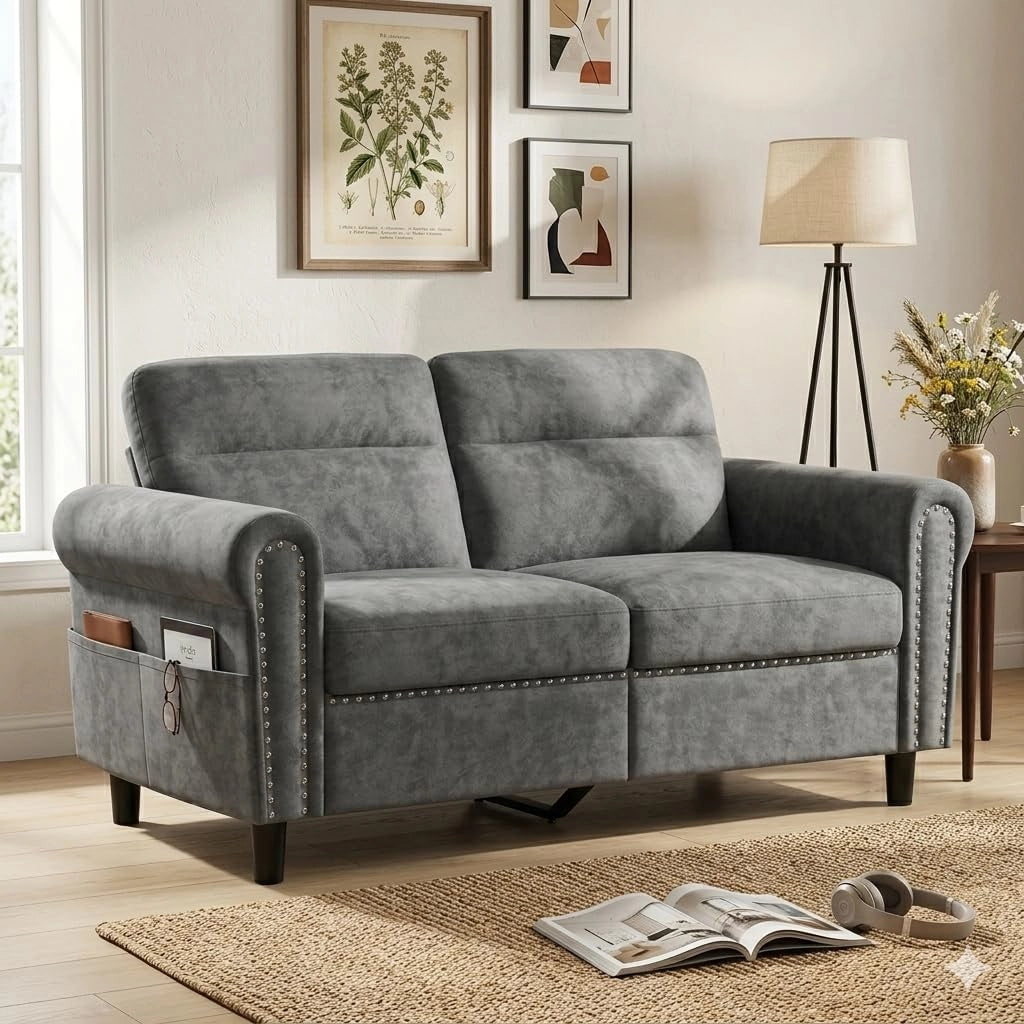 Divano a 2 posti,divanetto con tasca laterale,divano a due posti con cuscini di seduta rimovibili per soggiorno,camera da letto, ufficio,152 x 76 x 84 cm,Grigio scuro (Grigio scuro)