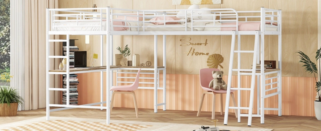 DESMIU Letto a Soppalco 1 Posto con Scrivania, Scala Doppia e Sponde Alte 90 × 200 cm, Senza Materasso, Bianco