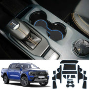 Materassini antislip per Ford Ranger T9 2023-2024 (servofreno elettronico), tappetini in gomma per console centrale, tappetini per portiere, tappetini per contenitore porta bibite, materassini antislip per Ford Ranger (blu)