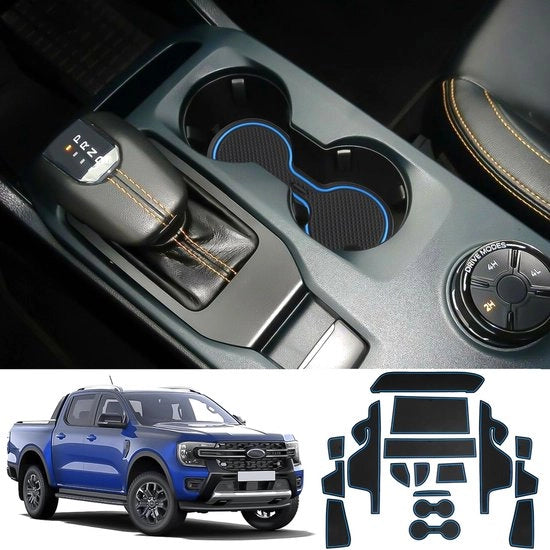 Materassini antislip per Ford Ranger T9 2023-2024 (servofreno elettronico), tappetini in gomma per console centrale, tappetini per portiere, tappetini per contenitore porta bibite, materassini antislip per Ford Ranger (blu)