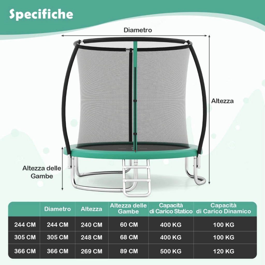 Trampolino ricreativo pesante con rete di sicurezza per bambini e adulti, Trampolino da esterno 244 cm in acciaio zincato antiruggine Verde-Trampolini
