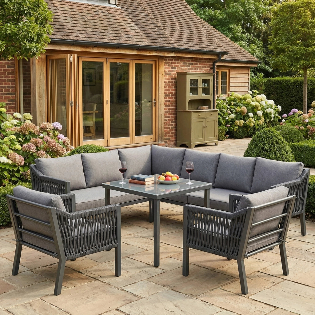 Set da Giardino 8 Posti con Tavolo, Divano Angolare e Poltrone ¨C MINIMAL ¨C Polyrattan Grigio, Piano in Vetro