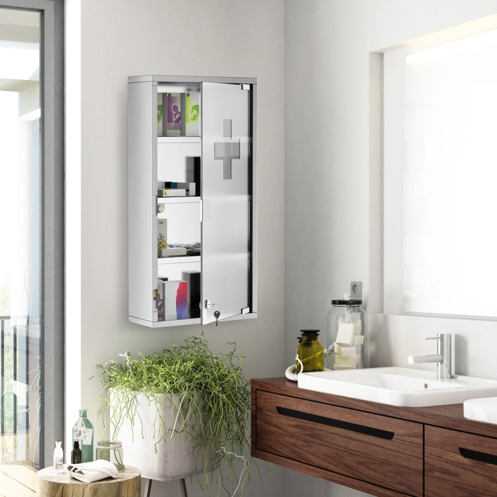 Armadietto Medicinale in Acciaio con 4 Ripiani e Anta in Vetro ¨C Zephmum ¨C 30x12x60 cm