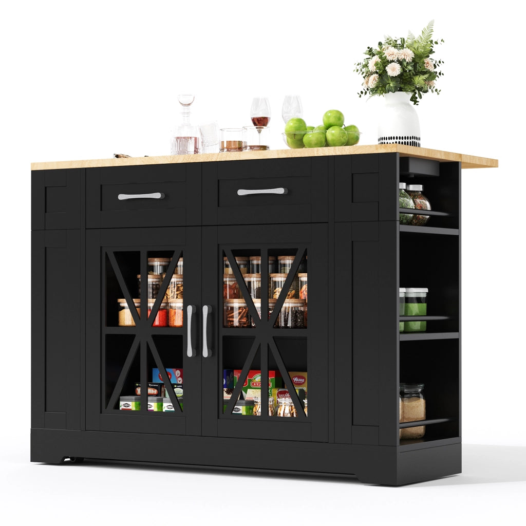 Carrello da Cucina con 2 Ante in Vetro; 6 Ripiani Aperti; Tavolo Ribaltabile; Prese AC e USB; 120x40x92 cm