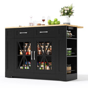 Carrello da Cucina con 2 Ante in Vetro; 6 Ripiani Aperti; Tavolo Ribaltabile; Prese AC e USB; 120x40x92 cm