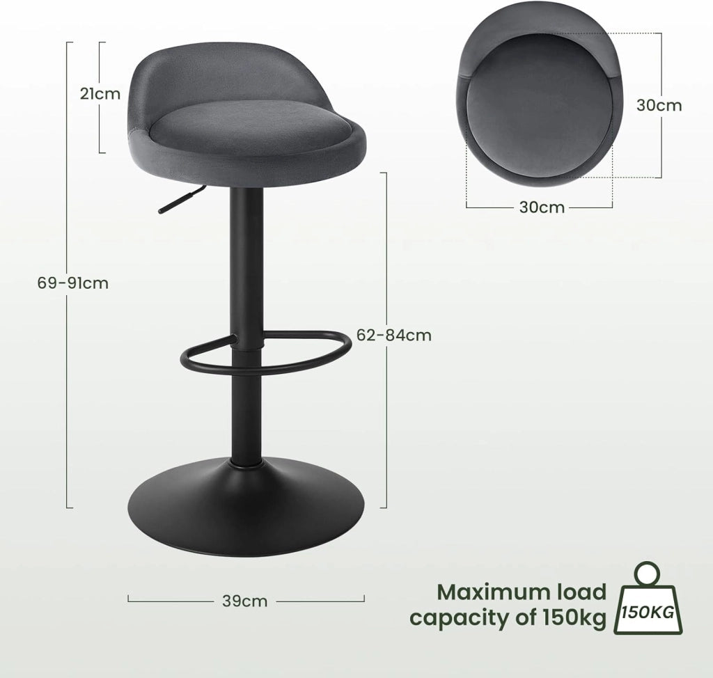 Sgabelli da Cucina in Velluto con Poggiapiedi Sgabelli da Bar Moderni per Bancone Penisola Sedie Alte Girevoli Altezza Seduta Regolabile 62-84cm, Grigio scuro 2 Pezzi 0823BY-2