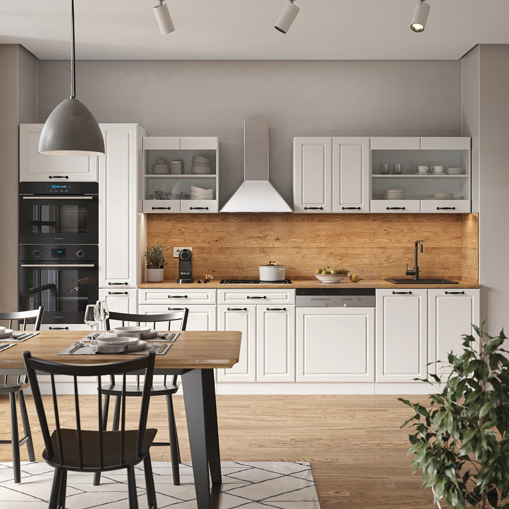 Mobile da cucina R-Line Bianco rustico/Bianco 350 cm con armadio alto, PL Rovere Vicco