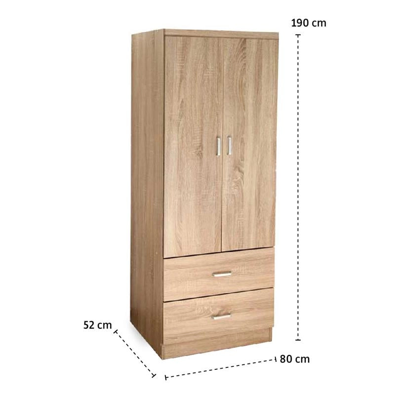ARMADIO GUARDAROBA IN LEGNO CON 2 ANTE E CASSETTI ROVERE NATURALE 80 X 52 X 190 CM