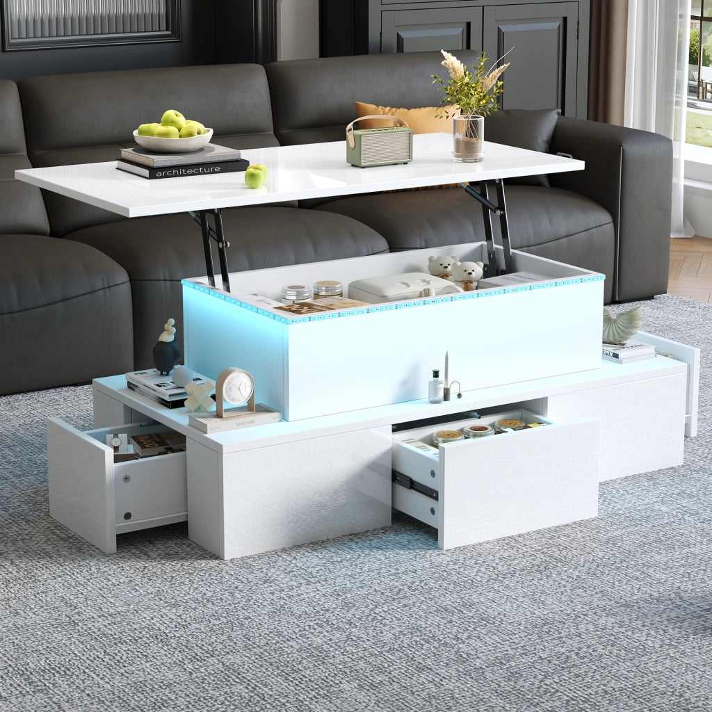 Tavolino da salotto 100x50x40 cm; piano rialzabile con LED e 4 cassetti; MDF bianco