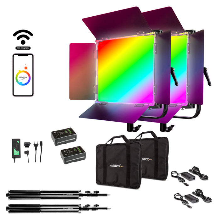 LED Rainbow 50W RGBWW Set - composto da 2 luci, alette di schermatura, alimentatore, borsa per il trasporto e lo stoccaggio, 2 treppiedi per lampade con attacco e adattatore, batteria e caricatore